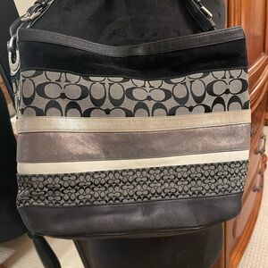 Stylish Black and Gray Coach Signature Striped Handbag